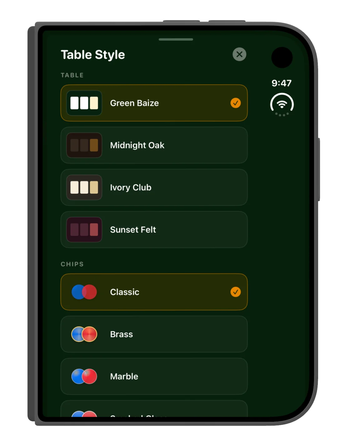 The Table Style sheet with Green Baize, Midnight Oak, Ivory Club and Sunset Felt tables and Classic, Brass, Marble and Smoked Glass chips