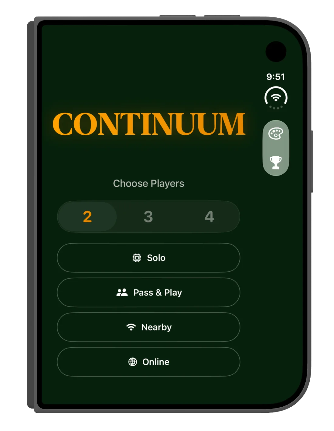 Continuum's start screen with Solo, Pass & Play, Nearby and Online modes