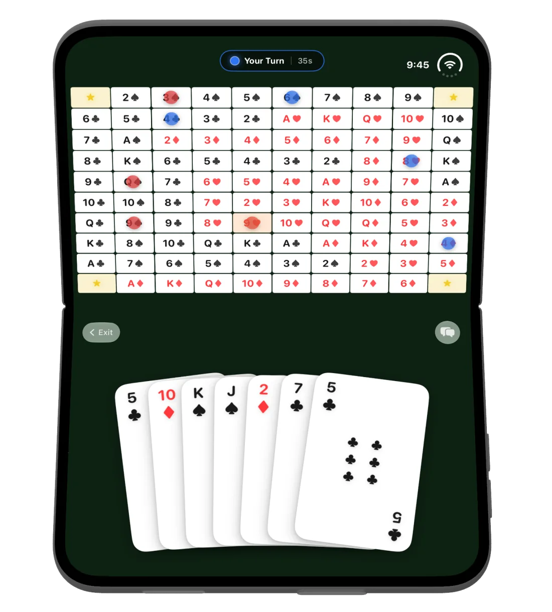 Continuum on a half-folded iPhone, with the board on the upper screen and the hand of cards on the lower screen
