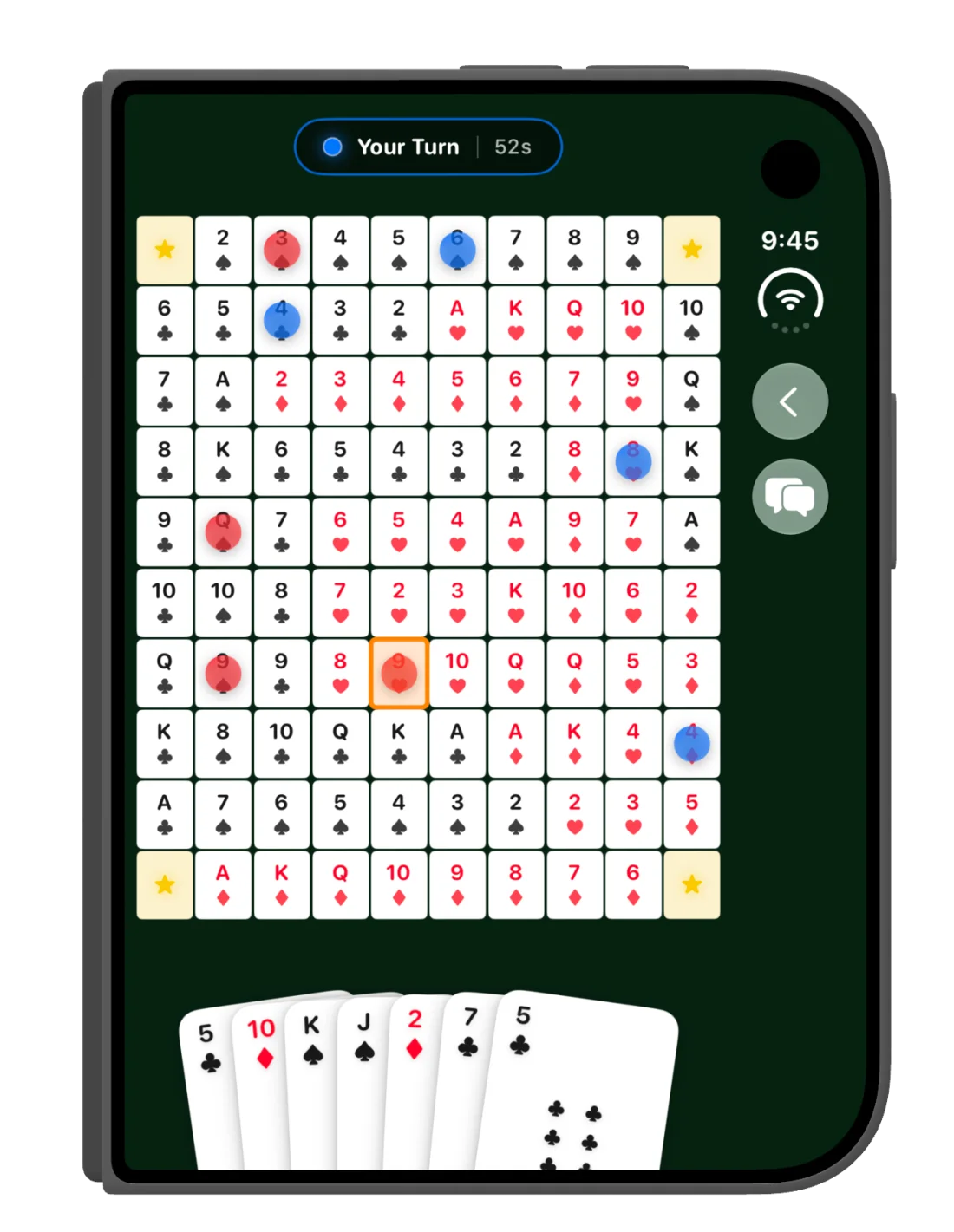 A game in progress with blue and red chips on the board and the turn timer showing