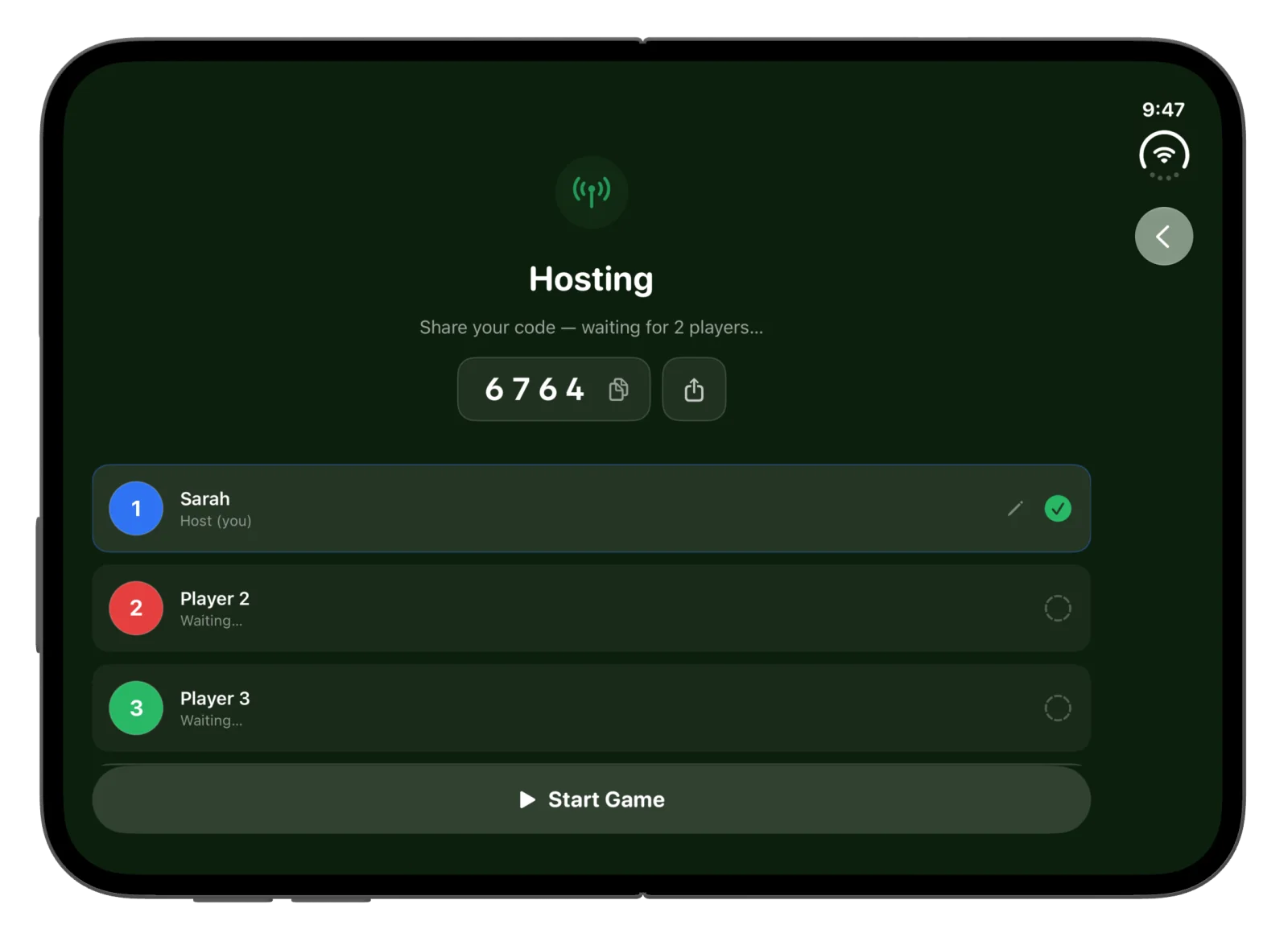 Hosting a nearby game with a four-digit room code and players joining