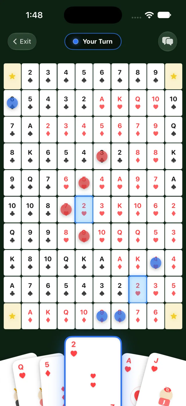 The board mid-game with a card selected and its spaces highlighted