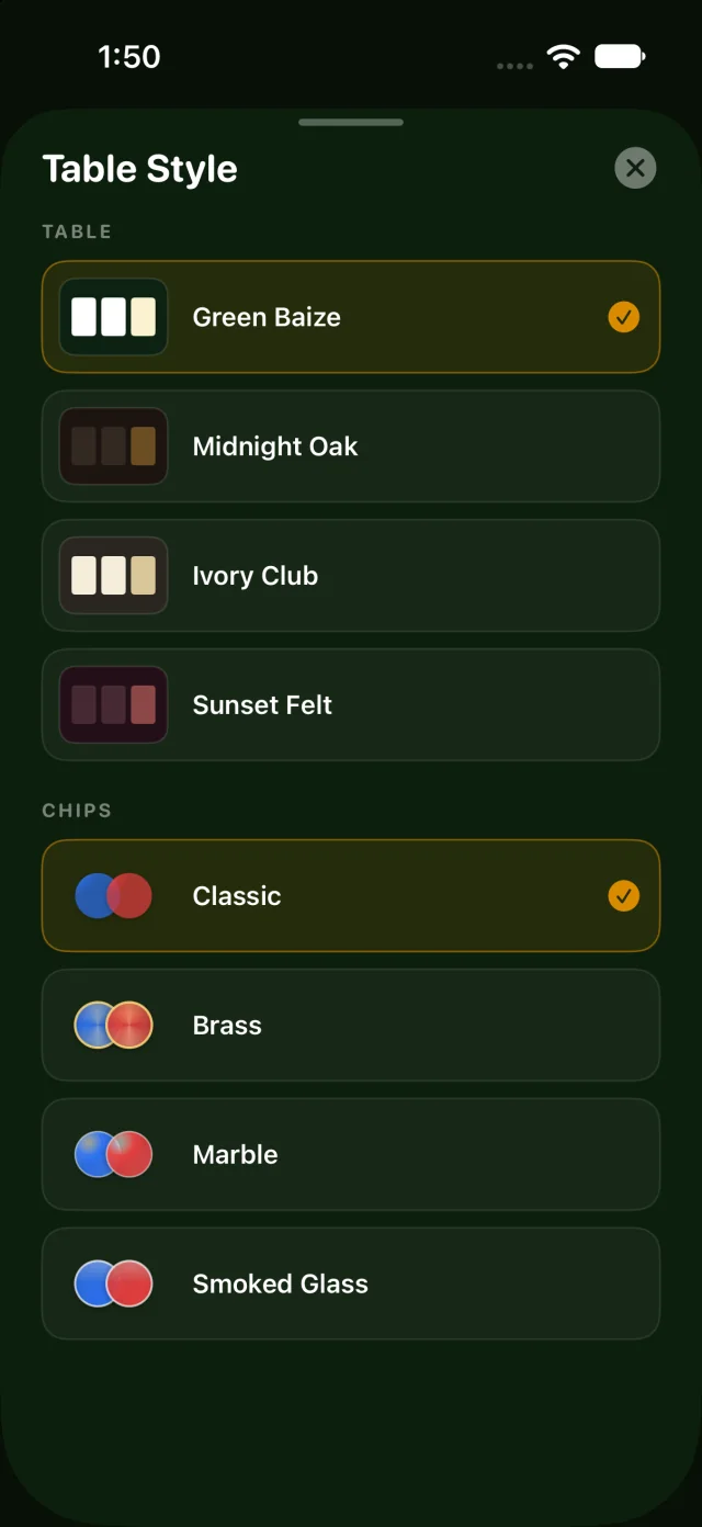 Table Style options for tables and chips
